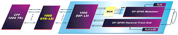 100G OTN-LSIと100G用デジタルコヒーレントDSP-LSIを用いた光ラインカードの構成例
