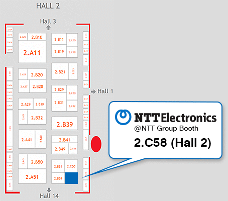 「IBC 2015」の展示会場にあるNTTエレクトロニクスのブースの案内図。2.C58 (Hall 2)。