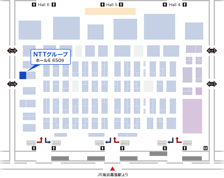 「Inter BEE 2016」開催場所の幕張メッセにあるNTTグループ ブース案内図。ブース番号：ホール6　6509。