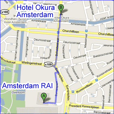 Map: Route from RAI Amsterdam to Hotel Okura Amsterdam