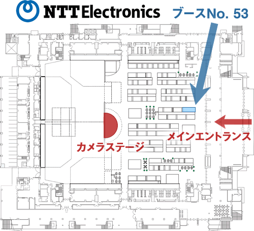 マリンメッセ福岡のフロア案内図。NTTエレクトロニクスはブースNo.53に出展します。