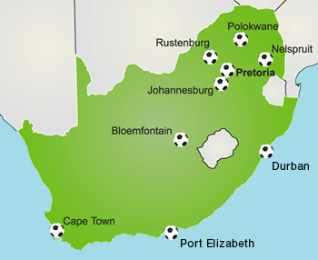2010 FIFAワールドカップの試合が開催された9都市を記した南アフリカの地図（Cape Town、Port Elizabeth、Durban、Bloemfontain、Johannesburg、Pretoria、Nelspruit、Polokwane、Rustenburg）