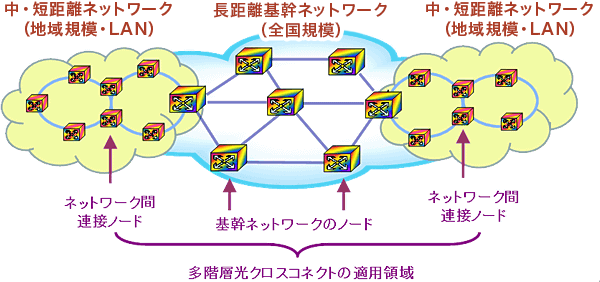 複数の中・短距離ネットワーク（地域規模・LAN）と、長距離基幹ネットワーク（全国規模）から成っている多階層光クロスコネクトの適用領域の概要図